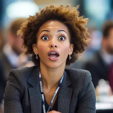 A businesswoman looks surprised while speaking at a conference.