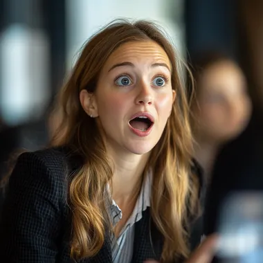 A businesswoman looks surprised while speaking at a conference.