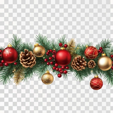 Christmas garland with red and gold baubles, berries, and pinecones on a white background. PNG transparent --s 250