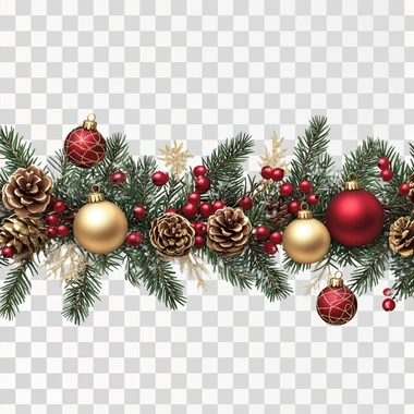 Christmas garland with red and gold baubles, berries, and pinecones on a white background. PNG transparent --s 250