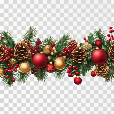 Christmas garland with red and gold baubles, berries, and pinecones on a white background. PNG transparent --s 250