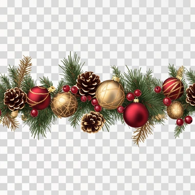 Christmas garland with red and gold baubles, berries, and pinecones on a white background. PNG transparent --s 250