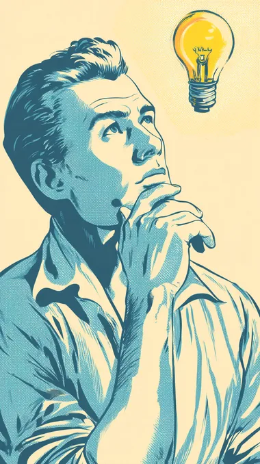 A man is depicted with a thoughtful expression, his hand on his chin, as a glowing lightbulb hovers above his head. The background is a clean, solid color--either a calming blue or soft yellow--to symbolize the clarity of a new idea or moment of inspiration. The image captures the classic moment of "aha!" or creative breakthrough in a minimalistic, stylized way