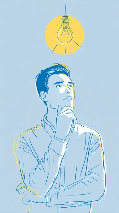 A man is depicted with a thoughtful expression, his hand on his chin, as a glowing lightbulb hovers above his head. The background is a clean, solid color--either a calming blue or soft yellow--to symbolize the clarity of a new idea or moment of inspiration. The image captures the classic moment of "aha!" or creative breakthrough in a minimalistic, stylized way