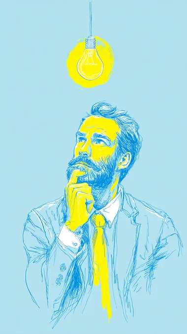 A man is depicted with a thoughtful expression, his hand on his chin, as a glowing lightbulb hovers above his head. The background is a clean, solid color--either a calming blue or soft yellow--to symbolize the clarity of a new idea or moment of inspiration. The image captures the classic moment of "aha!" or creative breakthrough in a minimalistic, stylized way