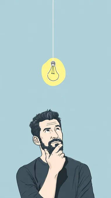 A man is depicted with a thoughtful expression, his hand on his chin, as a glowing lightbulb hovers above his head. The background is a clean, solid color--either a calming blue or soft yellow--to symbolize the clarity of a new idea or moment of inspiration. The image captures the classic moment of "aha!" or creative breakthrough in a minimalistic, stylized way