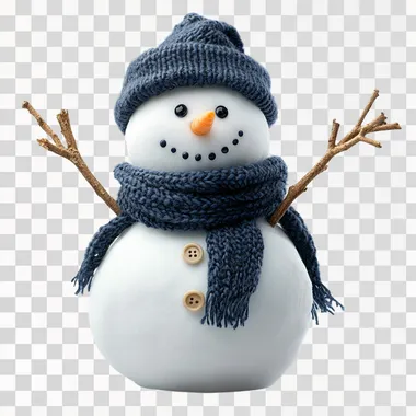 a smiling snowman suitable for children, with sticks for arms, wearing navy colored scarf and hat, button decoration down the centre front, isolated white background  --s 250