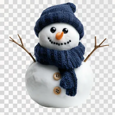 a smiling snowman suitable for children, with sticks for arms, wearing navy colored scarf and hat, button decoration down the centre front, isolated white background  --s 250