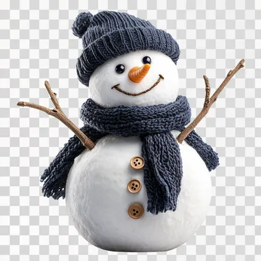 a smiling snowman suitable for children, with sticks for arms, wearing navy colored scarf and hat, button decoration down the centre front, isolated white background  --s 250