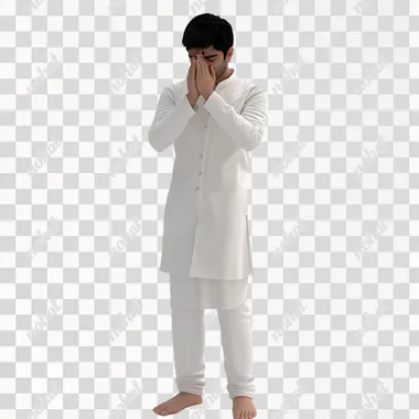 a Hindu indian young man wearing white kurta and white pyjama, setting, full body view, weeping,3d, white background, animated image,50k quality, hd high details, ultra HD --s 50