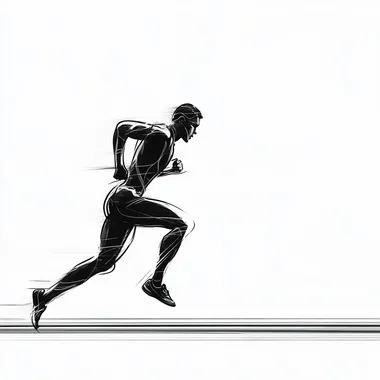 one line art, only fine one black line art, on white background of a running athlete getting ready on line for running.