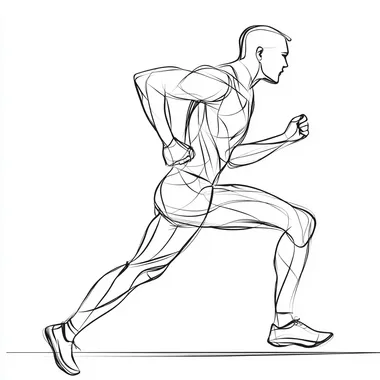 one line art, only fine one black line art, on white background of a running athlete getting ready on line for running.