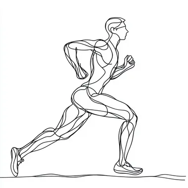 one line art, only fine one black line art, on white background of a running athlete getting ready on line for running.