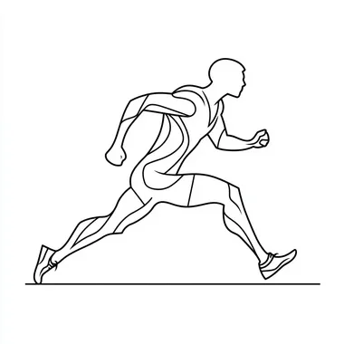 one line art, only fine one black line art, on white background of a running athlete getting ready on line for running.