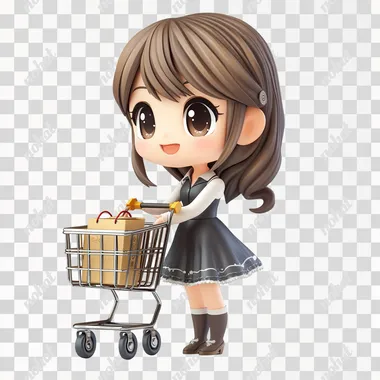 woman pushing shopping cart as a cartoon style isolated on white background
