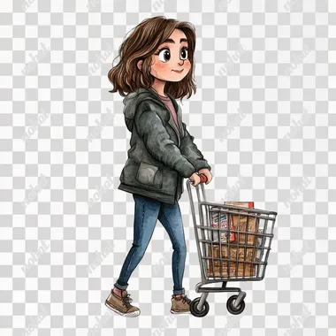 woman pushing shopping cart as a cartoon style isolated on white background