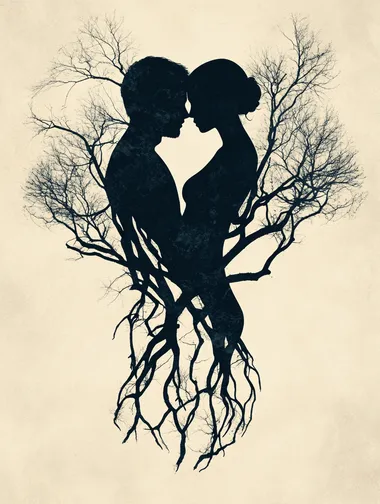 Create a minimalist illustration in a realistic style, featuring the silhouettes of two lovers embracing, with their bodies seamlessly merging into intricate, intertwining tree branches. The color scheme should be monochromatic, predominantly using black and white, highlighting the contrast between the figures and the branches.