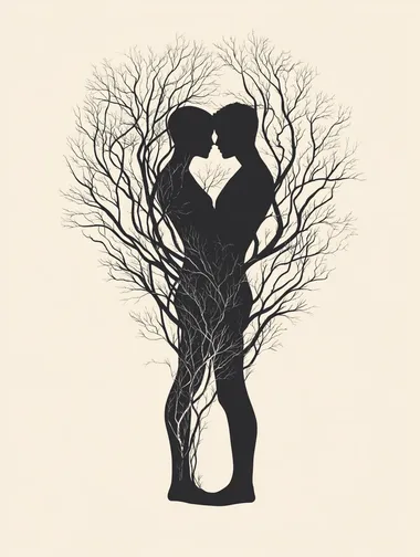Create a minimalist illustration in a realistic style, featuring the silhouettes of two lovers embracing, with their bodies seamlessly merging into intricate, intertwining tree branches. The color scheme should be monochromatic, predominantly using black and white, highlighting the contrast between the figures and the branches.