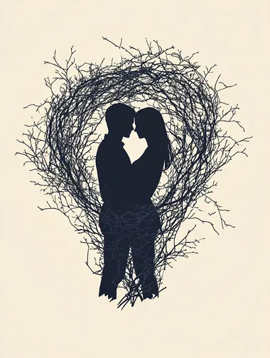 Create a minimalist illustration in a realistic style, featuring the silhouettes of two lovers embracing, with their bodies seamlessly merging into intricate, intertwining tree branches. The color scheme should be monochromatic, predominantly using black and white, highlighting the contrast between the figures and the branches.