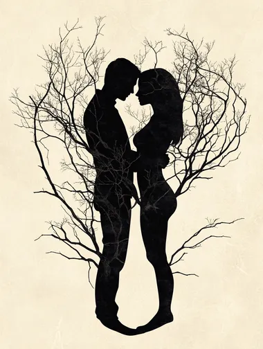 Create a minimalist illustration in a realistic style, featuring the silhouettes of two lovers embracing, with their bodies seamlessly merging into intricate, intertwining tree branches. The color scheme should be monochromatic, predominantly using black and white, highlighting the contrast between the figures and the branches.