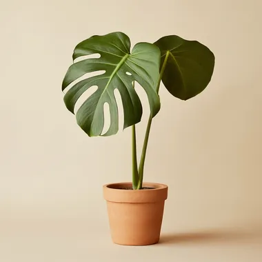 a giant monstera leaf coming out of a small terracotta pot, neutral background, clear studio light