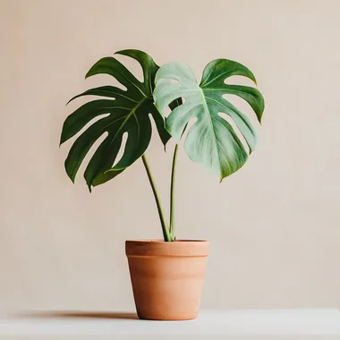 a giant monstera leaf coming out of a small terracotta pot, neutral background, clear studio light