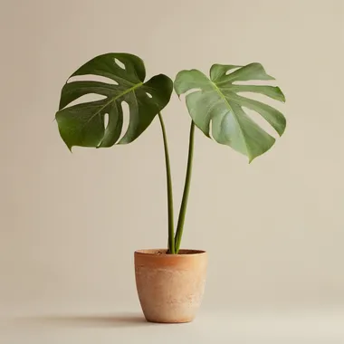 a giant monstera leaf coming out of a small terracotta pot, neutral background, clear studio light