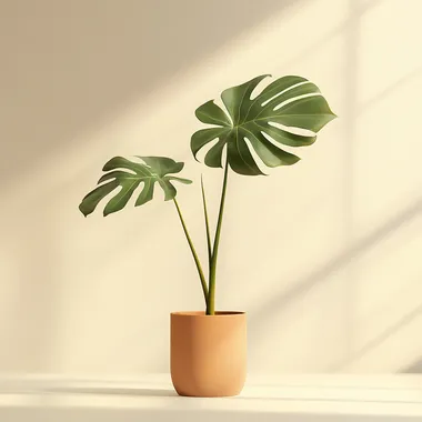 a giant monstera leaf coming out of a small terracotta pot, neutral background, clear studio light