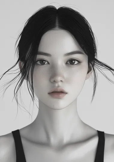 20 year old female model from Korea, she has smooth skin and black hair, very thin face, big nose with a small pointy tip, pale complexion, photo studio with a white background, she is wearing a black tank top, she looks straight into the camera, in the style of.