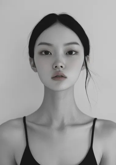 20 year old female model from Korea, she has smooth skin and black hair, very thin face, big nose with a small pointy tip, pale complexion, photo studio with a white background, she is wearing a black tank top, she looks straight into the camera, in the style of.