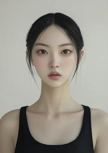 20 year old female model from Korea, she has smooth skin and black hair, very thin face, big nose with a small pointy tip, pale complexion, photo studio with a white background, she is wearing a black tank top, she looks straight into the camera, in the style of.