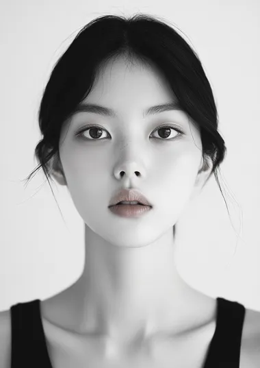 20 year old female model from Korea, she has smooth skin and black hair, very thin face, big nose with a small pointy tip, pale complexion, photo studio with a white background, she is wearing a black tank top, she looks straight into the camera, in the style of.