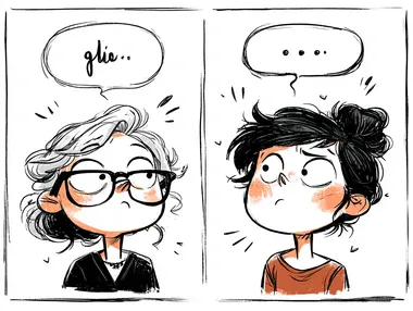 Two different characters talking to each other. One of the characters is an older female teacher, with glasses and light hair. Wearing a purple shirt. Sketch style illustrations     rofile 2lzrh4u