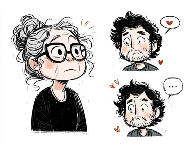 Two different characters talking to each other. One of the characters is an older female teacher, with glasses and light hair. Wearing a purple shirt. Sketch style illustrations     rofile 2lzrh4u