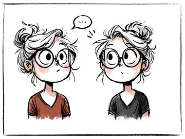 Two different characters talking to each other. One of the characters is an older female teacher, with glasses and light hair. Wearing a purple shirt. Sketch style illustrations     rofile 2lzrh4u