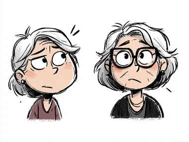Two different characters talking to each other. One of the characters is an older female teacher, with glasses and light hair. Wearing a purple shirt. Sketch style illustrations     rofile 2lzrh4u