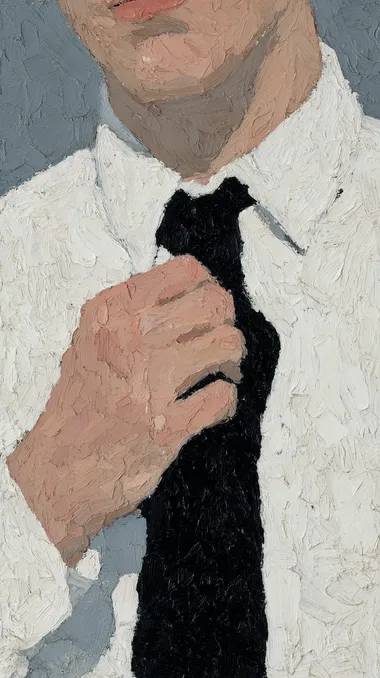 A minimalist - style oil painting focuses on the details of a person's attire. A pair of hands is adjusting a black tie on a white shirt. With simple colors (white, black, skin tone) and geometric shapes, the painting presents a formal dressing scene, conveying a neat and rigorous atmosphere.impasto gouache illustration by Joan Cornella ,minimalism --exp 20 rofile m1zm1s7