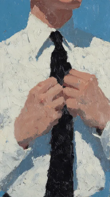 A minimalist - style oil painting focuses on the details of a person's attire. A pair of hands is adjusting a black tie on a white shirt. With simple colors (white, black, skin tone) and geometric shapes, the painting presents a formal dressing scene, conveying a neat and rigorous atmosphere.impasto gouache illustration by Joan Cornella ,minimalism --exp 20 rofile m1zm1s7