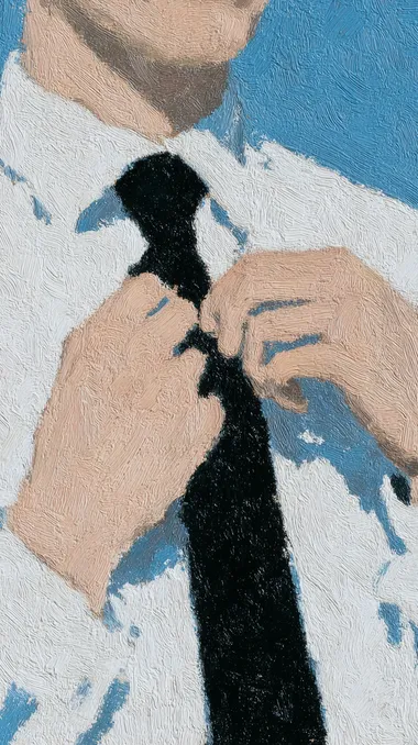 A minimalist - style oil painting focuses on the details of a person's attire. A pair of hands is adjusting a black tie on a white shirt. With simple colors (white, black, skin tone) and geometric shapes, the painting presents a formal dressing scene, conveying a neat and rigorous atmosphere.impasto gouache illustration by Joan Cornella ,minimalism --exp 20 rofile m1zm1s7