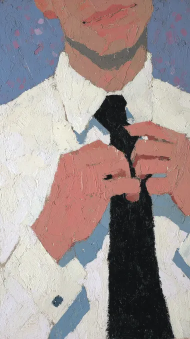 A minimalist - style oil painting focuses on the details of a person's attire. A pair of hands is adjusting a black tie on a white shirt. With simple colors (white, black, skin tone) and geometric shapes, the painting presents a formal dressing scene, conveying a neat and rigorous atmosphere.impasto gouache illustration by Joan Cornella ,minimalism --exp 20 rofile m1zm1s7