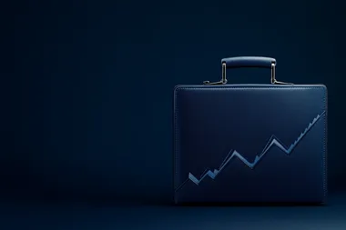 Business briefcase with an upward graph, isolated on a dark blue background, in an illustration style; a stock photo. This represents the concept of business growth, a stock photography image of high resolution.
