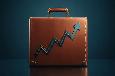Business briefcase with an upward graph, isolated on a dark blue background, in an illustration style; a stock photo. This represents the concept of business growth, a stock photography image of high resolution.