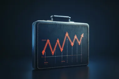 Business briefcase with an upward graph, isolated on a dark blue background, in an illustration style; a stock photo. This represents the concept of business growth, a stock photography image of high resolution.