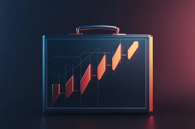 Business briefcase with an upward graph, isolated on a dark blue background, in an illustration style; a stock photo. This represents the concept of business growth, a stock photography image of high resolution.