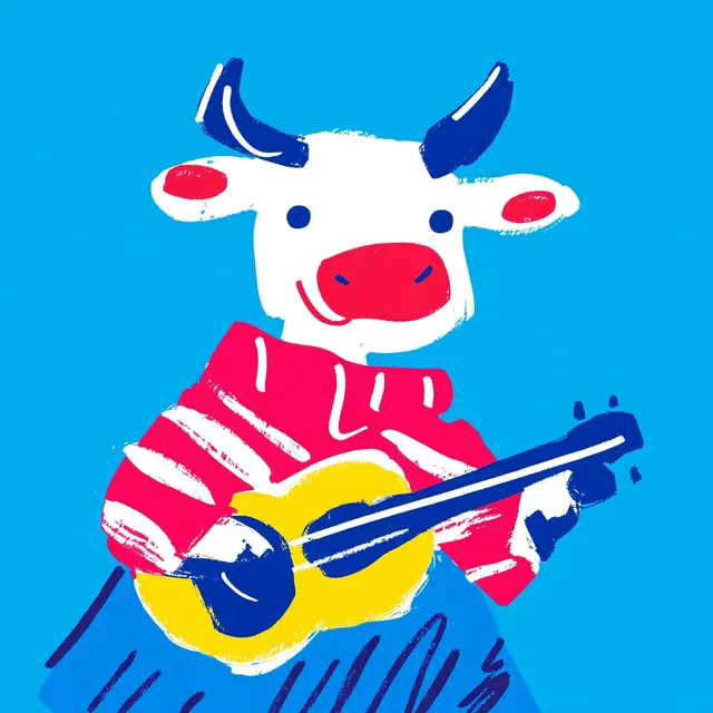 Cute cow playing guitar in a blue pasture, hand-drawn illustration