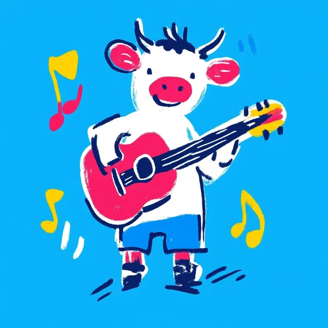 Cute cow in a farm setting playing guitar, hand-drawn illustration
