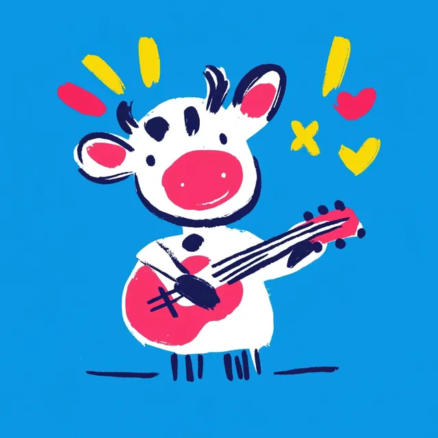 Cute cow playing guitar in a blue pasture, hand-drawn illustration