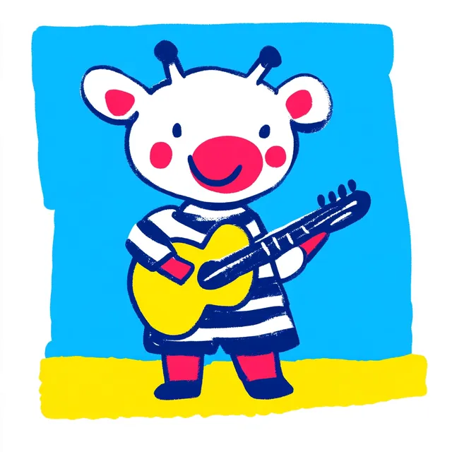 Bear playing guitar in forest, cute anthropomorphic hand-drawn art