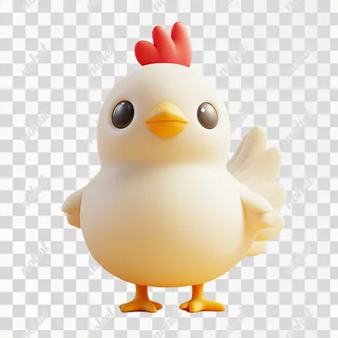 A highly detailed 3D icon of a cute and lively chicken, designed to be friendly and approachable. The chicken should have a round, plump body with smooth feathers in a bright white color, giving it a soft, fluffy appearance. Its face should be expressive with large, bright eyes that convey curiosity and playfulness, a small yellow beak with a slight smile, and a red comb on top of its head. The wings should be small and slightly lifted, suggesting movement or a playful stance, while the tail feathers should be rounded and slightly fanned out. The legs should be short and sturdy with bright yellow feet, adding to the overall charm. The design should feature subtle shadows and highlights to enhance the 3D effect, making the chicken appear lifelike and adorable. The background should be plain or a soft pastel color to ensure the chicken is the focal point, with soft lighting to create gentle shadows and enhance the 3D quality, perfect for use as an icon in apps, games, or digital content
