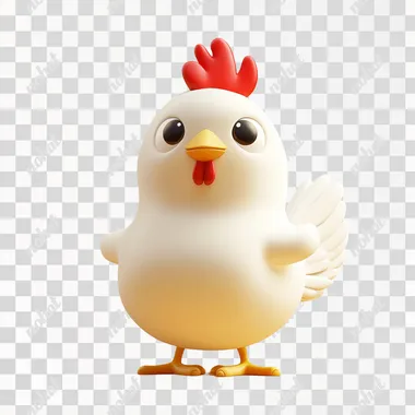 A highly detailed 3D icon of a cute and lively chicken, designed to be friendly and approachable. The chicken should have a round, plump body with smooth feathers in a bright white color, giving it a soft, fluffy appearance. Its face should be expressive with large, bright eyes that convey curiosity and playfulness, a small yellow beak with a slight smile, and a red comb on top of its head. The wings should be small and slightly lifted, suggesting movement or a playful stance, while the tail feathers should be rounded and slightly fanned out. The legs should be short and sturdy with bright yellow feet, adding to the overall charm. The design should feature subtle shadows and highlights to enhance the 3D effect, making the chicken appear lifelike and adorable. The background should be plain or a soft pastel color to ensure the chicken is the focal point, with soft lighting to create gentle shadows and enhance the 3D quality, perfect for use as an icon in apps, games, or digital content